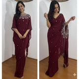 PARTY WEAR HAND WORKED DRAPE SAREE WITH FAUX GEORGETTE FABRIC WITH STITCHED BLOUSE