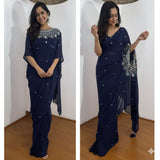 PARTY WEAR HAND WORKED DRAPE SAREE WITH FAUX GEORGETTE FABRIC WITH STITCHED BLOUSE