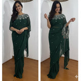 PARTY WEAR HAND WORKED DRAPE SAREE WITH FAUX GEORGETTE FABRIC WITH STITCHED BLOUSE
