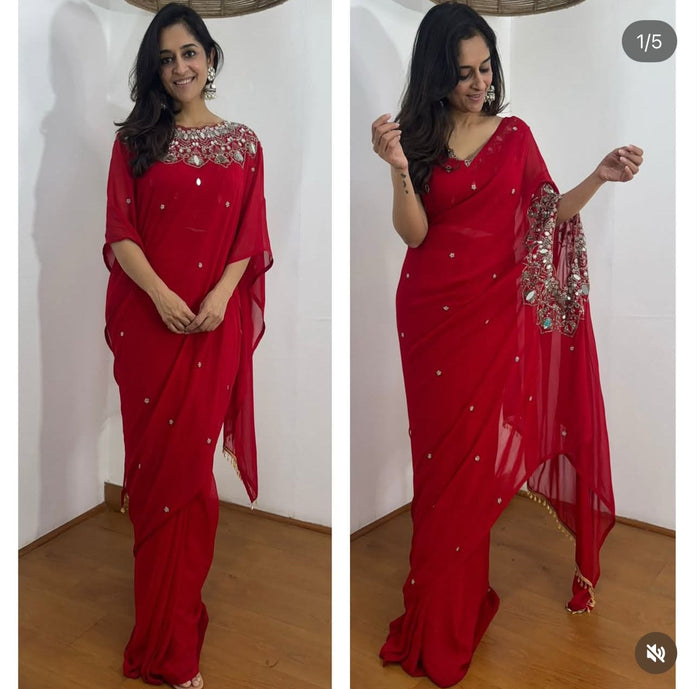 PARTY WEAR HAND WORKED DRAPE SAREE WITH FAUX GEORGETTE FABRIC WITH STITCHED BLOUSE