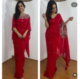 PARTY WEAR HAND WORKED DRAPE SAREE WITH FAUX GEORGETTE FABRIC WITH STITCHED BLOUSE
