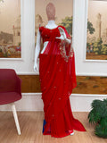 PARTY WEAR HAND WORKED DRAPE SAREE WITH FAUX GEORGETTE FABRIC WITH STITCHED BLOUSE
