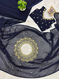 PARTY WEAR HAND WORKED DRAPE SAREE WITH FAUX GEORGETTE FABRIC WITH STITCHED BLOUSE
