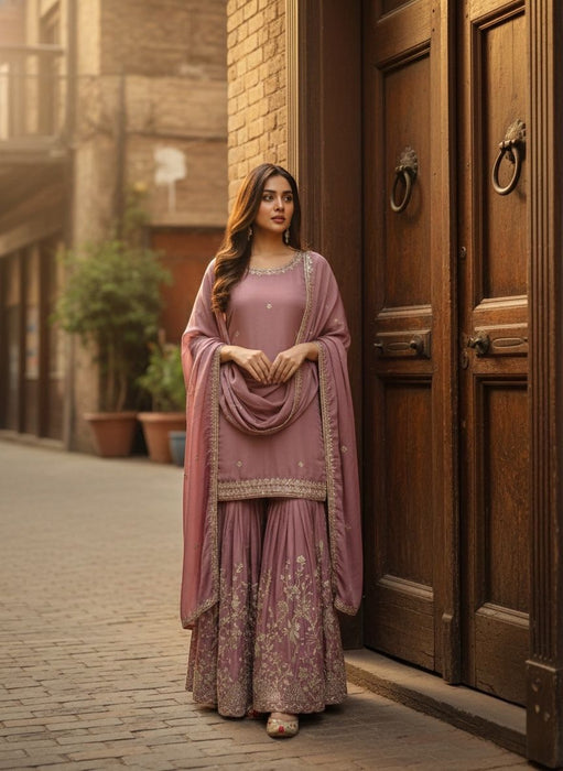 Latest Cinon Silk Top-Sarara and Dupatta Set With Heavy Embroidery And Sequence Work