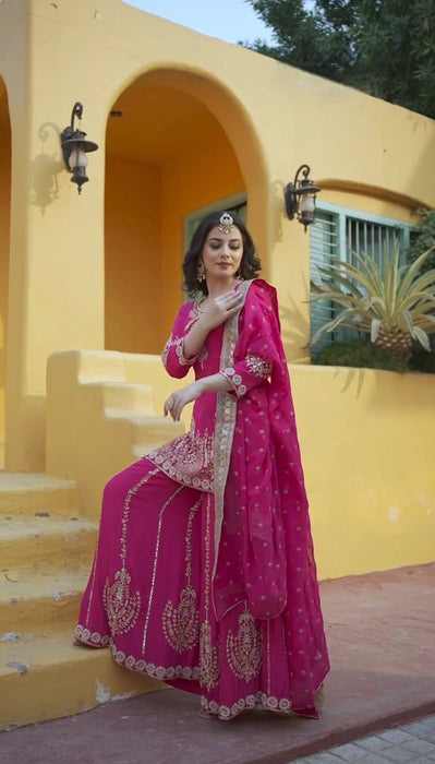 Latest Designer Pure Chinon Silk Top Bottom And Sharara Set