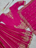 Latest Designer Pure Chinon Silk Top Bottom And Sharara Set