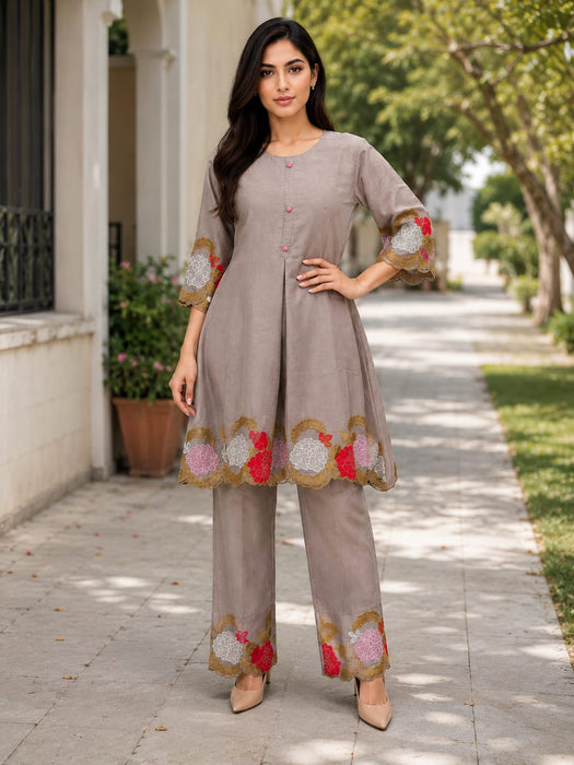 Latest Premium Mul Chanderi Silk Co-ord Set With Embroidery Work