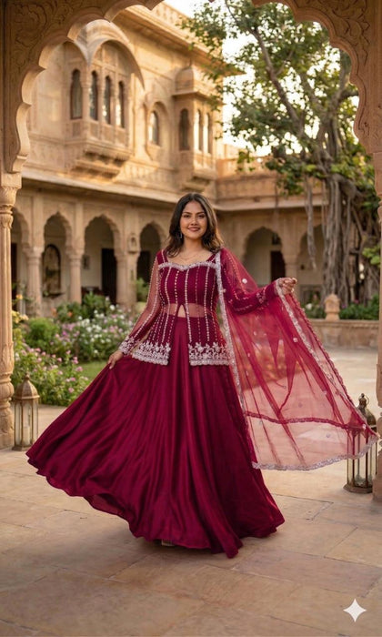 Designer Heavy Rangoli Silk With Net Koti Laehgan And Dupatta Set