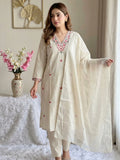 Designer  Kurti Pent Dupatta Set With Khadi Cotton And Beautiful Embroidery Work
