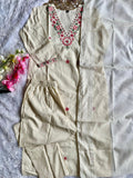 Designer  Kurti Pent Dupatta Set With Khadi Cotton And Beautiful Embroidery Work
