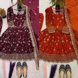 New Designer Party Wear  Top Gown Pant and Dupatta Set