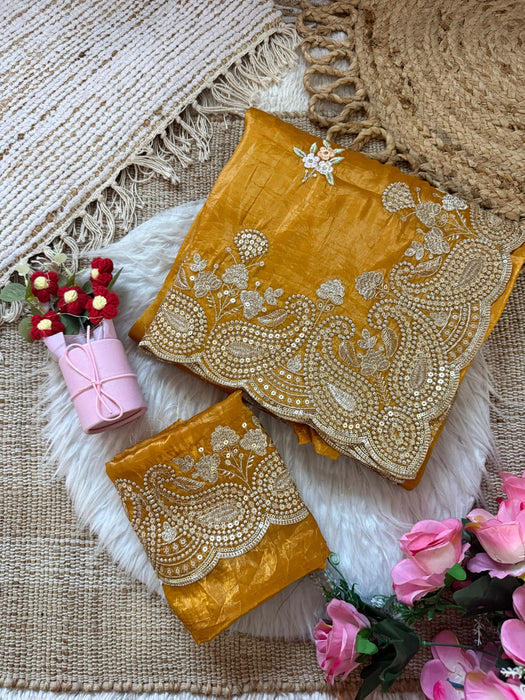 Soft Gold crush fabric saree with 5 mm mat sequence work