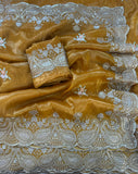Soft Gold crush fabric saree with 5 mm mat sequence work