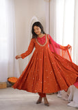 Beautiful Designer  Roman Silk Anarkali Suit With Embroidered Sequence With Real Mirror Work
