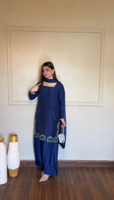 Latest Designer American Silk Top Farshi Plazo And Dupatta Set