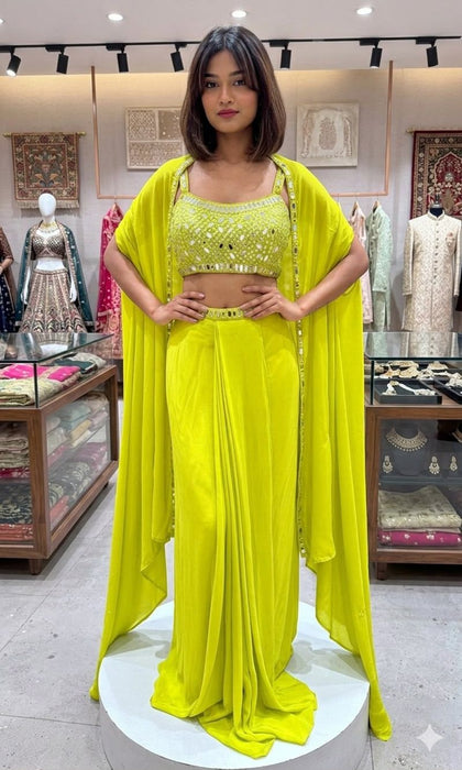 BEAUTIFUL 3 PIECE WITH REAL MIRROR WITH EMBROIDERED BLOUSE SKIRT AND LONG SHRUG