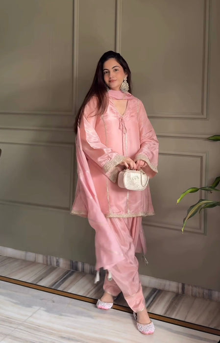 New Designer Party Wear Look Heavy Gimmy Silk With Readymade Fancy Lace Work top with farshi salwar