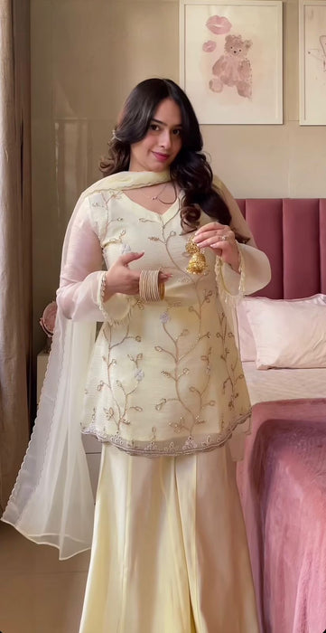 Latest Designer Heavy Crunchy Georgette Silk Top  Sharara Plazzo And Dupatta
