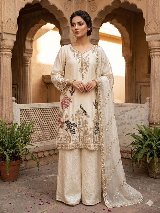DESIGNER BEADS WITH SEQUENCE EMBROIDERY WORKED TOP PLAZZO SUIT WITH DUPATTA
