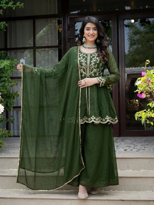 New Designer Party Wear Top  Plazzo And Dupatta With Heavy Crunchy Silk Material