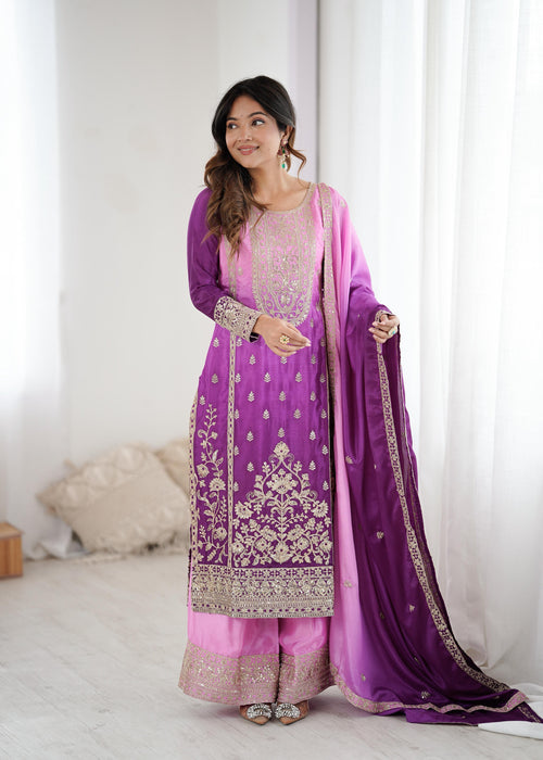 Latest Designer Shaded Chinon Silk Top Plazzo And Dupatta Set