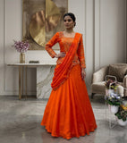 DESIGNER WEAR LAHENGA SAREE WITH LONG BLOUSE IN REAL MIRROR AND EMBROIDERY WORK