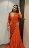 DESIGNER WEAR LAHENGA SAREE WITH LONG BLOUSE IN REAL MIRROR AND EMBROIDERY WORK