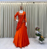 DESIGNER WEAR LAHENGA SAREE WITH LONG BLOUSE IN REAL MIRROR AND EMBROIDERY WORK