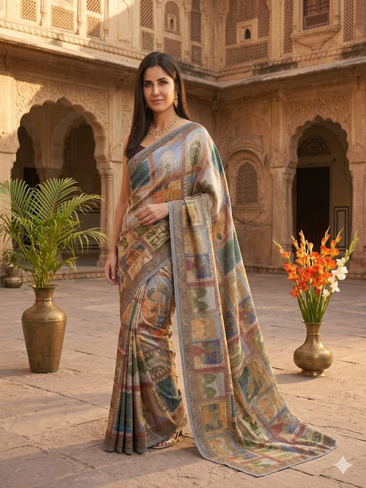 Katrina Kaif Wearing Multicolor Premium Chinon Silk With Beautiful Print And Beautiful Aari Work With Beautiful Real Mirror Work