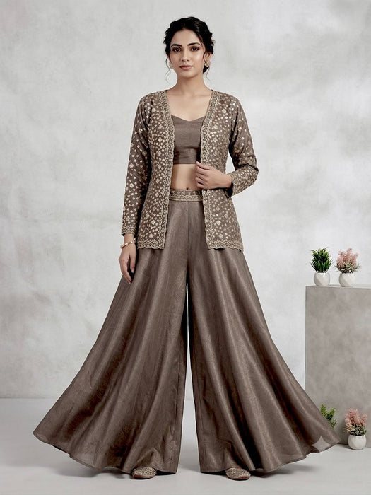 Latest Party Wear Chinon Silk Blouse Plazzo And Koti With Embroidery Work