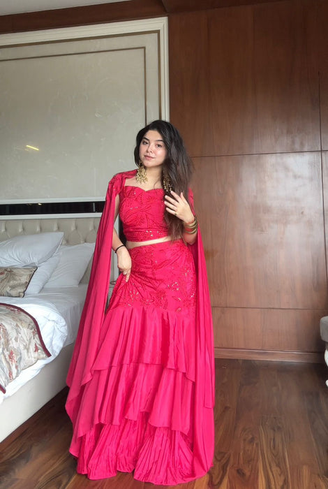 FRENCH CRAPE RUFFLED LAYERED LEHENGA CHOLI SET