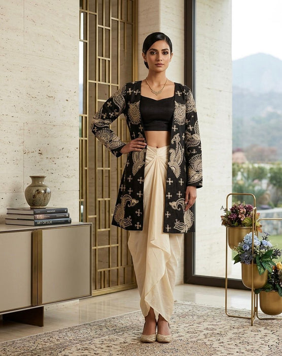 DESIGNERR PARTY WEAR 3 PIECE KOTI-BLOUSE WITH SKIRT IN CORDING SEQUENCE EMBROIDERY WORK