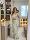 Premium butterfly soft net Saree with cutdena multi sequence & thread embroidery work