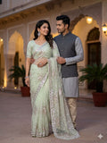 Premium butterfly soft net Saree with cutdena multi sequence & thread embroidery work