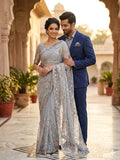 Premium butterfly soft net Saree with cutdena multi sequence & thread embroidery work