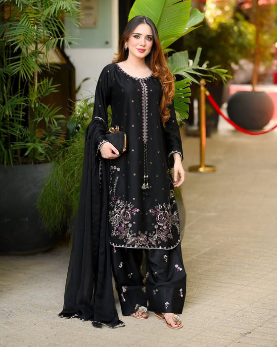 Designer Heavy Satin Glass Silk Salwar Kameez Wtih Beautiful Embroidery Work