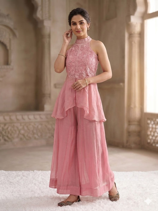 Latest Designer Heavy Fandy Crush Top Plazzo And Dupatta Set With Moti Work