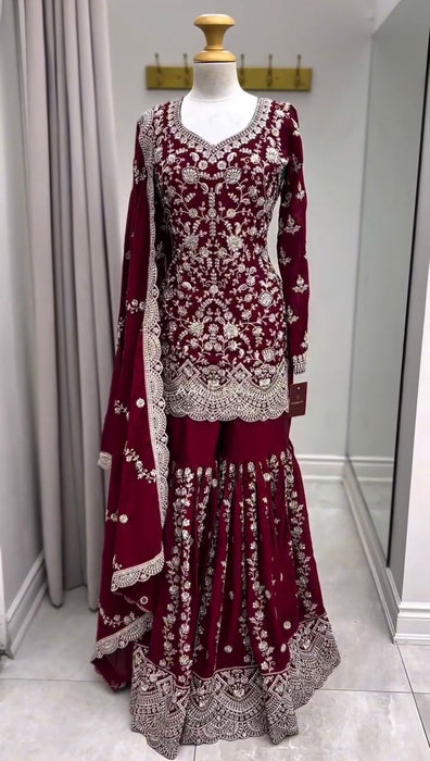 Designer Foux Gorgette Top Sharara And Dupatta Set