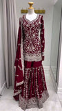 Designer Foux Gorgette Top Sharara And Dupatta Set