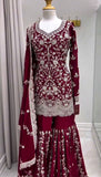 Designer Foux Gorgette Top Sharara And Dupatta Set