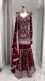 Designer Foux Gorgette Top Sharara And Dupatta Set