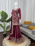 Designer Foux Gorgette Top Sharara And Dupatta Set