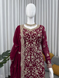 Designer Foux Gorgette Top Sharara And Dupatta Set