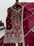 Designer Foux Gorgette Top Sharara And Dupatta Set