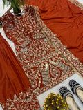 Designer Long Panjabi Suit Top  Pant And Dupptta With Hevay Natural Crep Silk Fabric