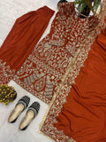 Designer Long Panjabi Suit Top  Pant And Dupptta With Hevay Natural Crep Silk Fabric