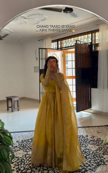 Designer Party Wear Heavy Gold Crush Gown Pant And Dupatta Set