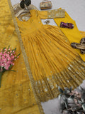 Designer Party Wear Heavy Gold Crush Gown Pant And Dupatta Set