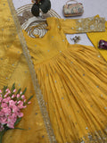 Designer Party Wear Heavy Gold Crush Gown Pant And Dupatta Set