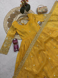 Designer Party Wear Heavy Gold Crush Gown Pant And Dupatta Set